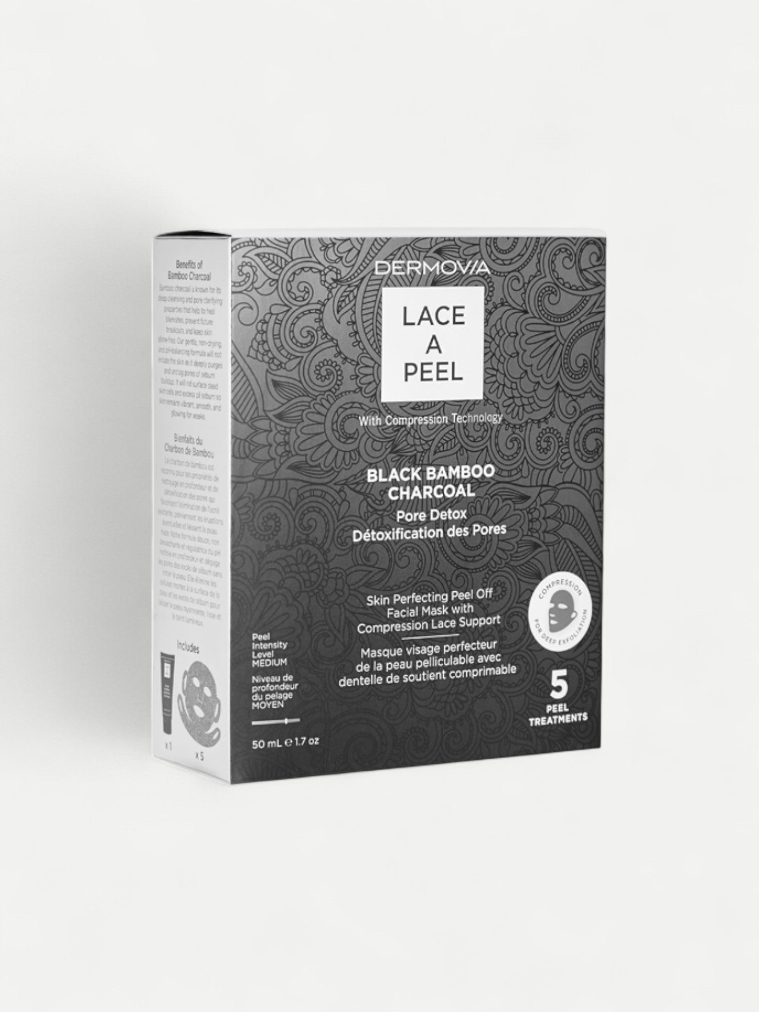 Dermovia Lace a Peel Black Bamboo Charcoal packaging on a white background