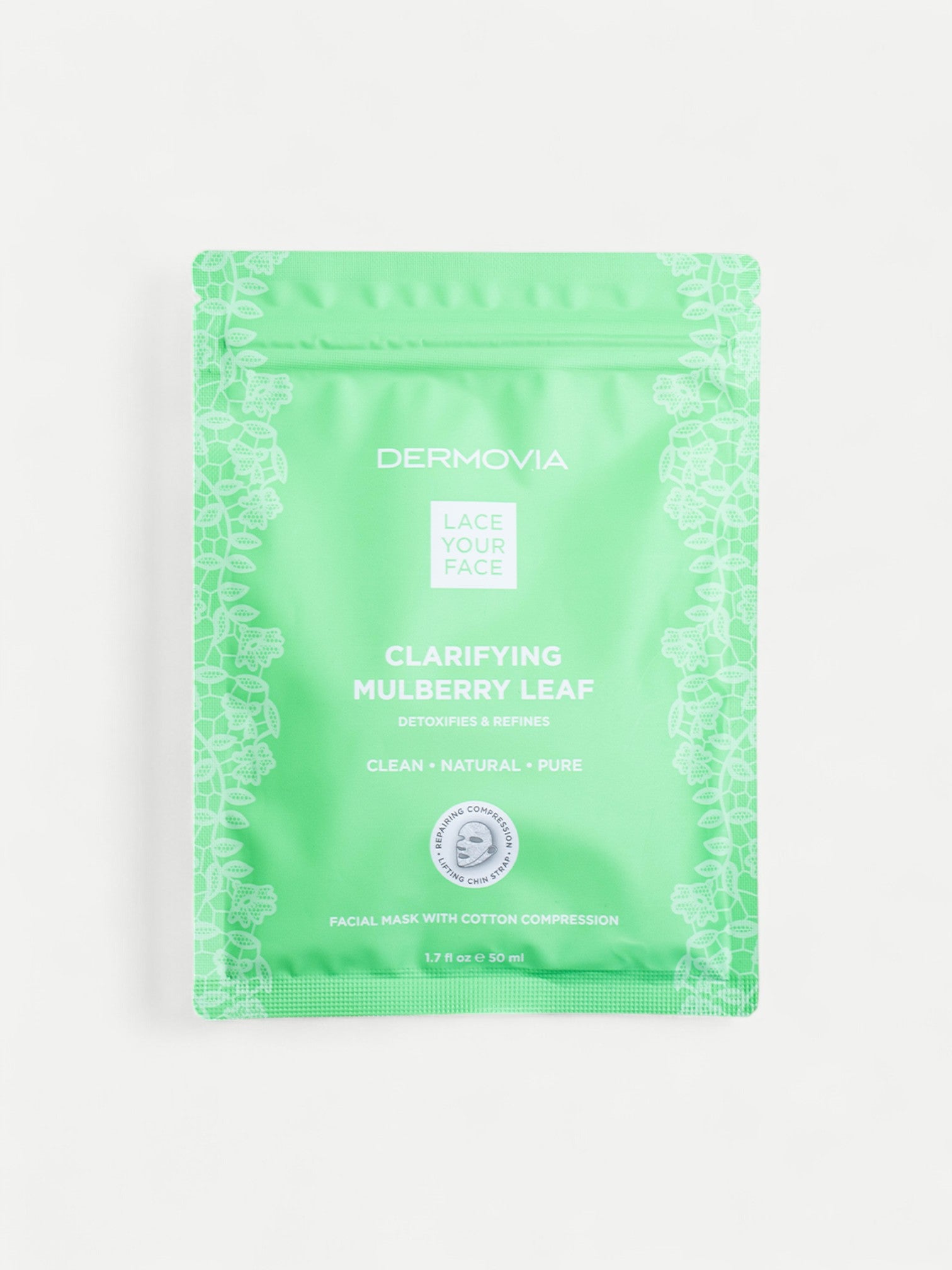Green package of Dermovia Clarifying Mulberry Leaf facial mask on a white background