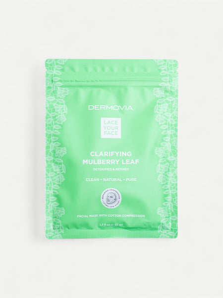 Green package of Dermovia Clarifying Mulberry Leaf facial mask on a white background