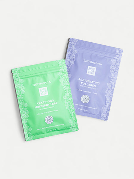 Two Dermovia face mask packets, one green and one purple, on a white background.