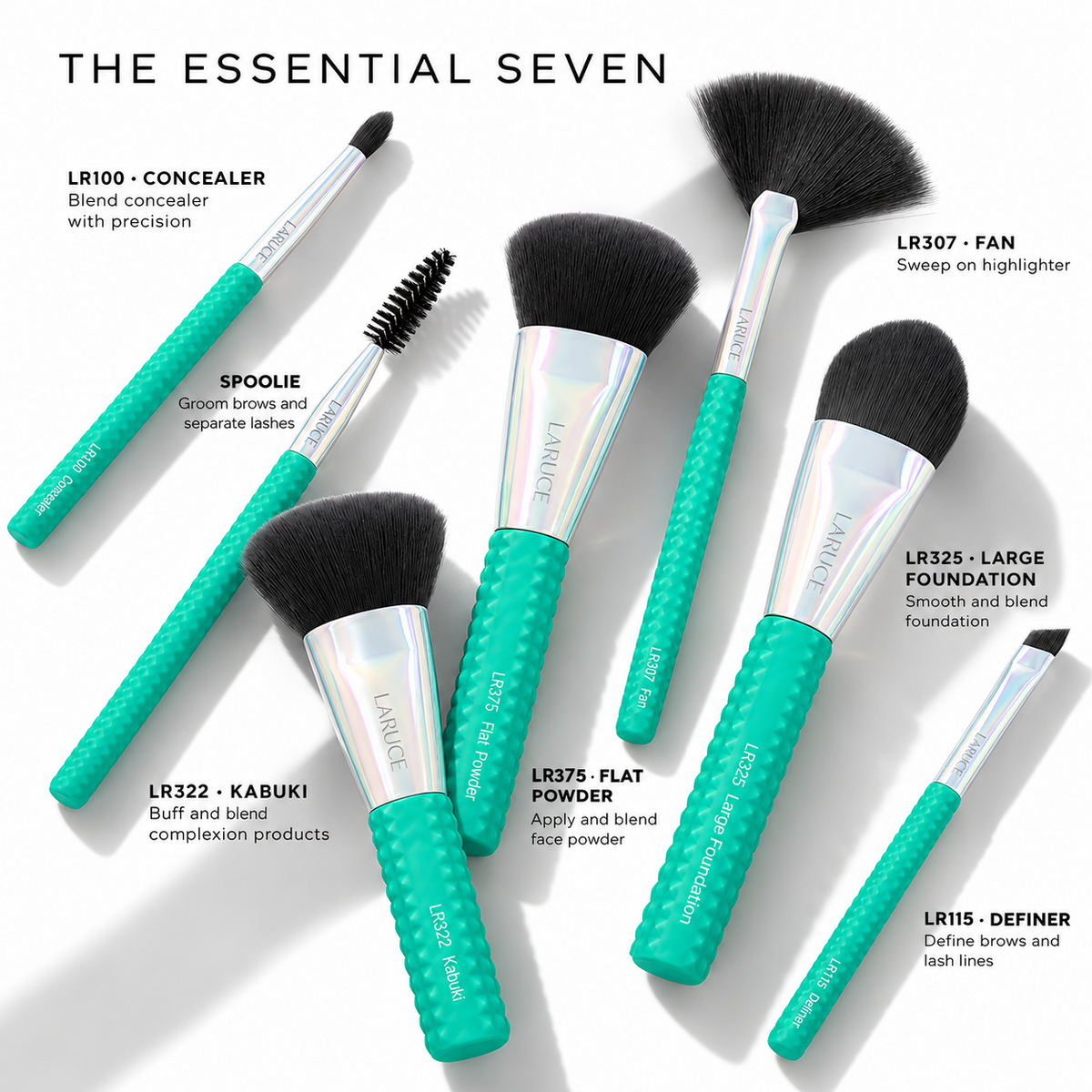 LARUCE x DERMOVIA Essential Seven brush guide showing concealer, spoolie, kabuki, flat powder, fan, foundation and definer brushes and their uses