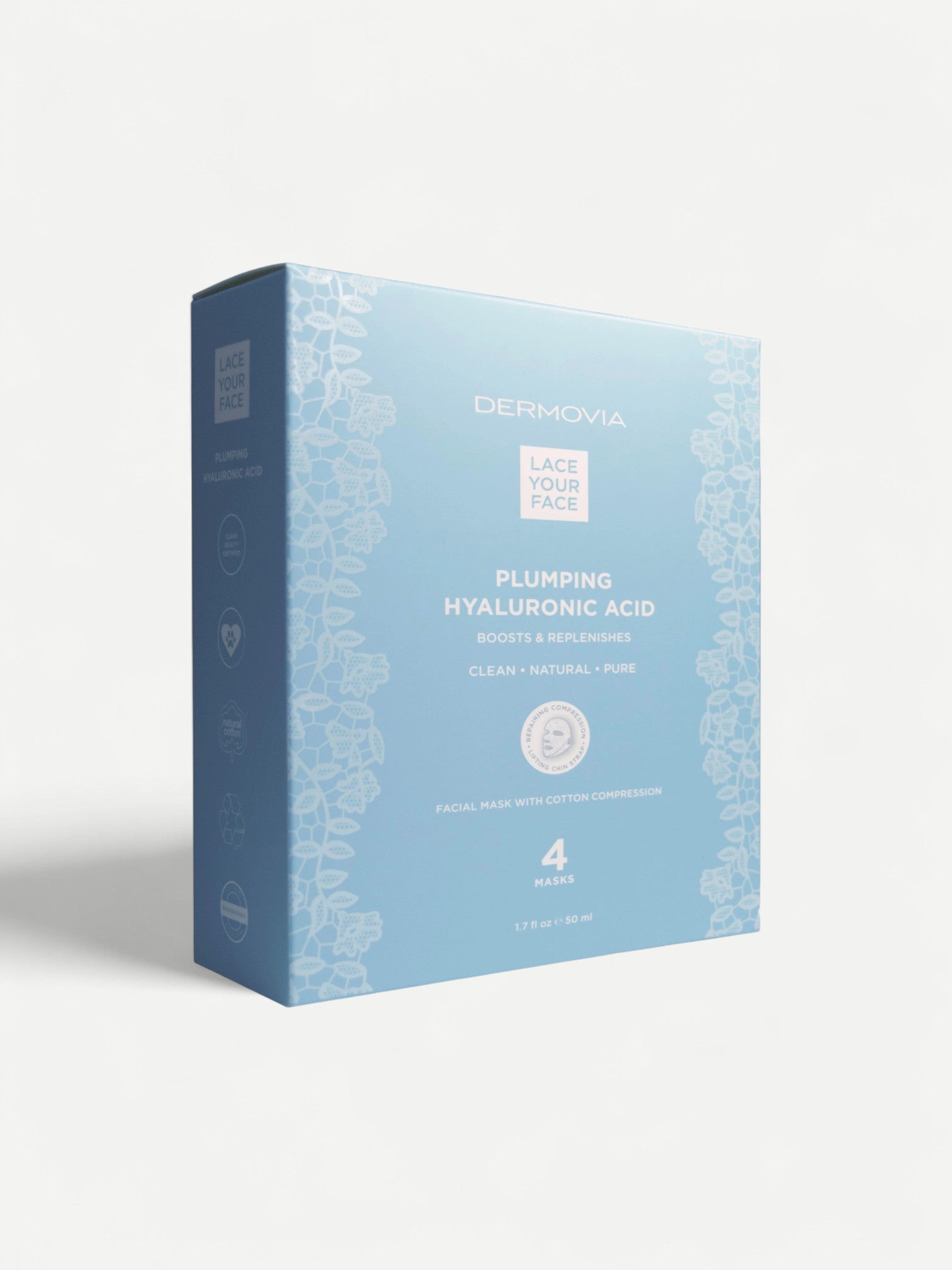 Blue box of Dermovia Face Pack Plumping Hyaluronic Acid on a white background