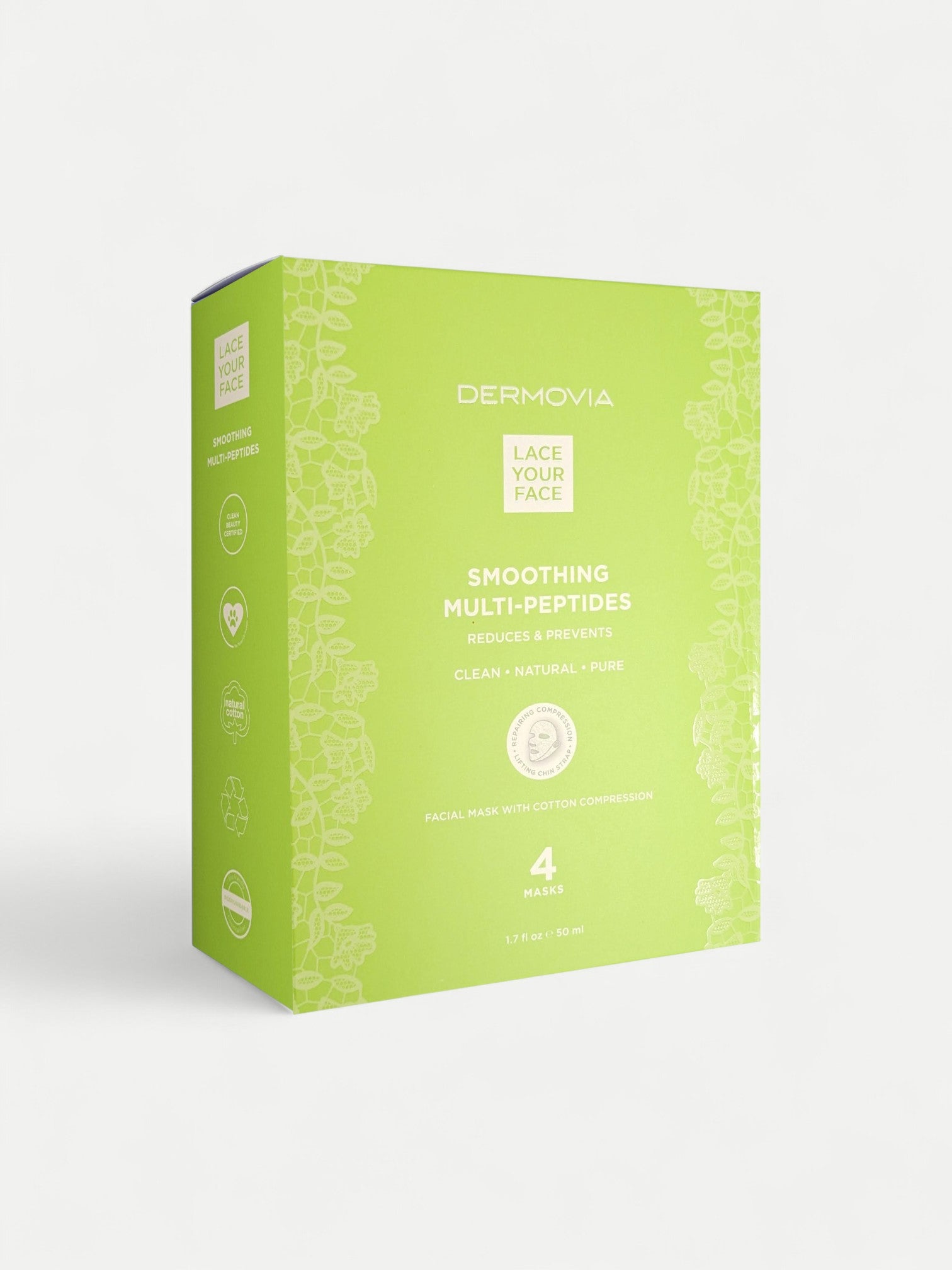 Green box of Dermovia Smoothing Multi-Peptides masks on a white background