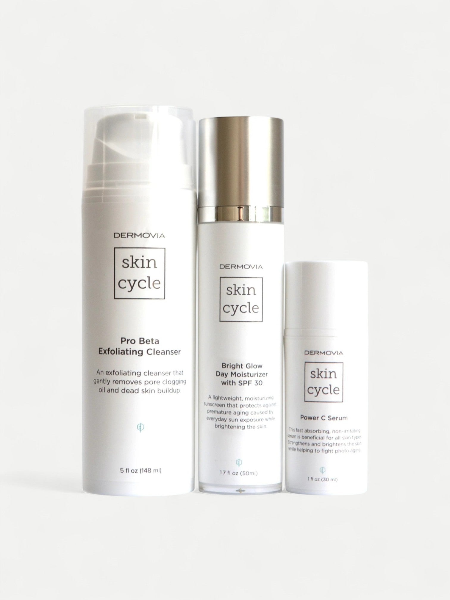 Three skincare products from Dermovia skin cycle line on a white background