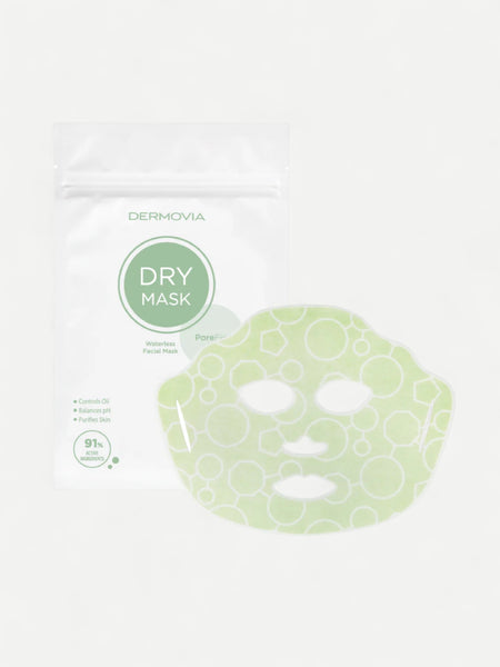 Dermovia dry mask packaging with a green mask sheet on a white background