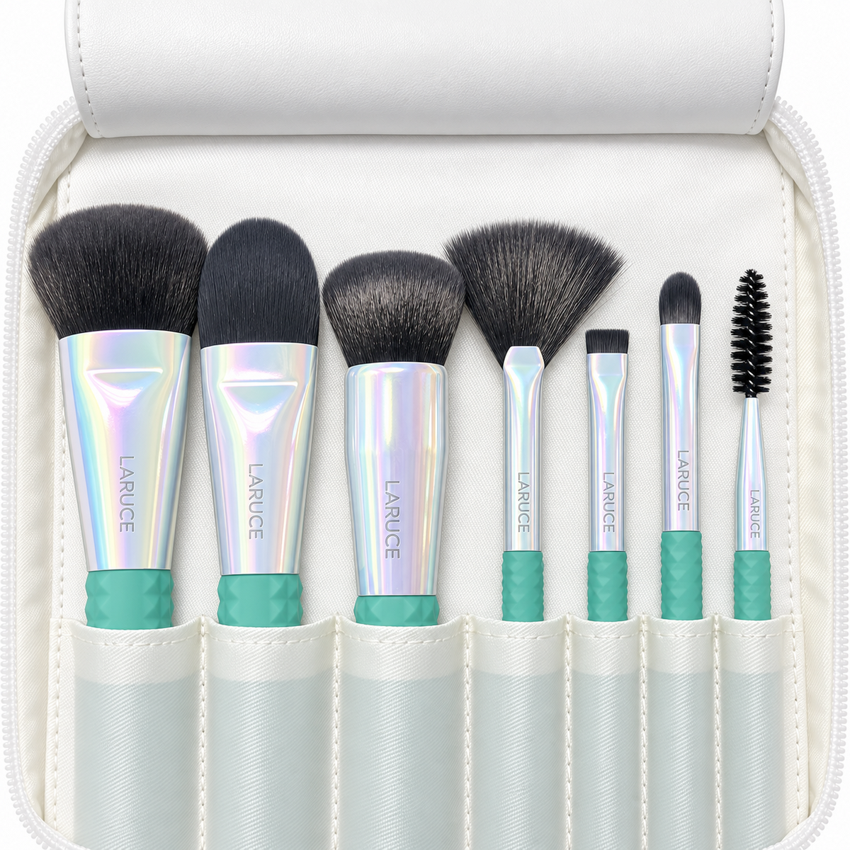 LARUCE x DERMOVIA seven makeup brushes with iridescent ferrules inside carrying case