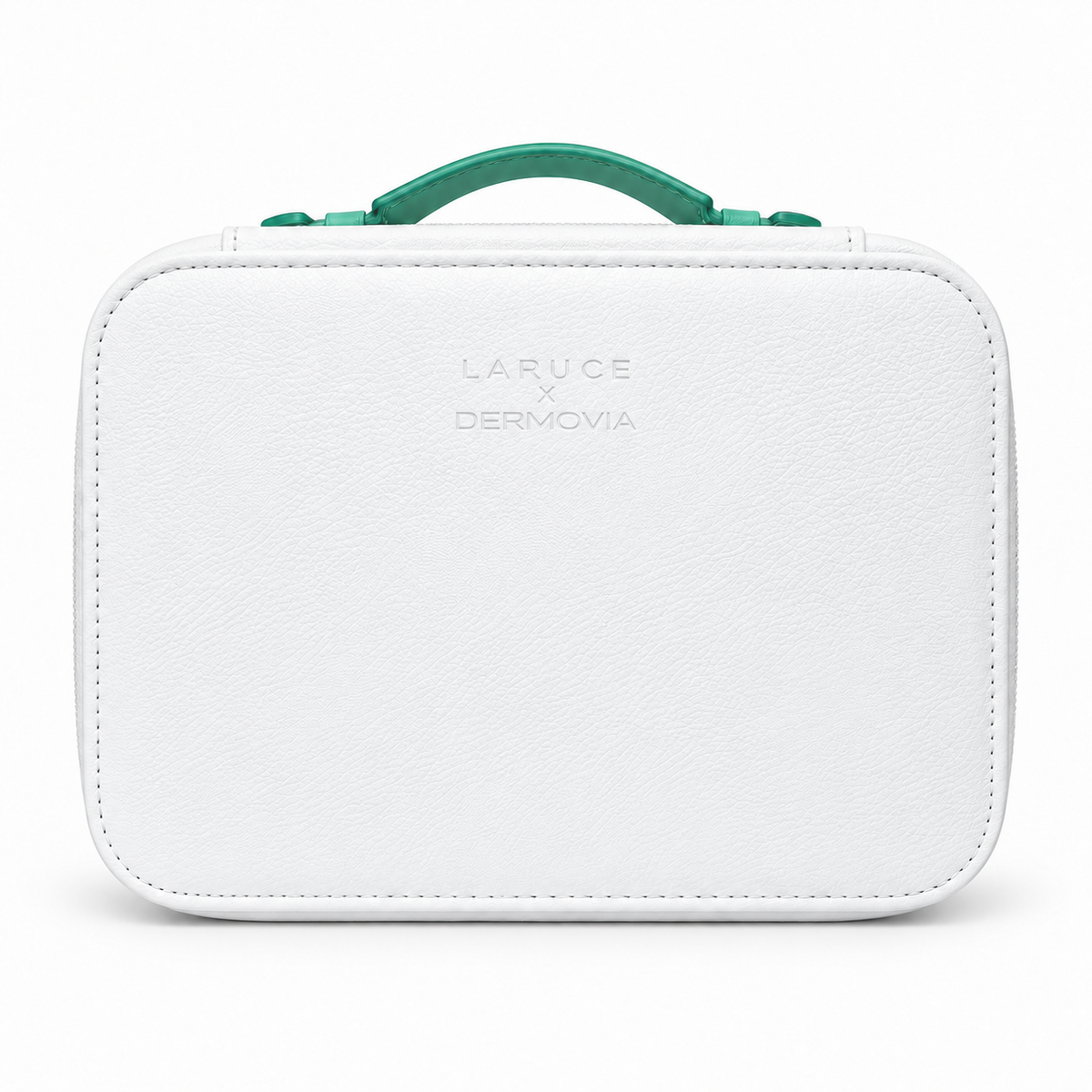 White LARUCE x DERMOVIA vegan leather carrying case with turquoise handle, front view