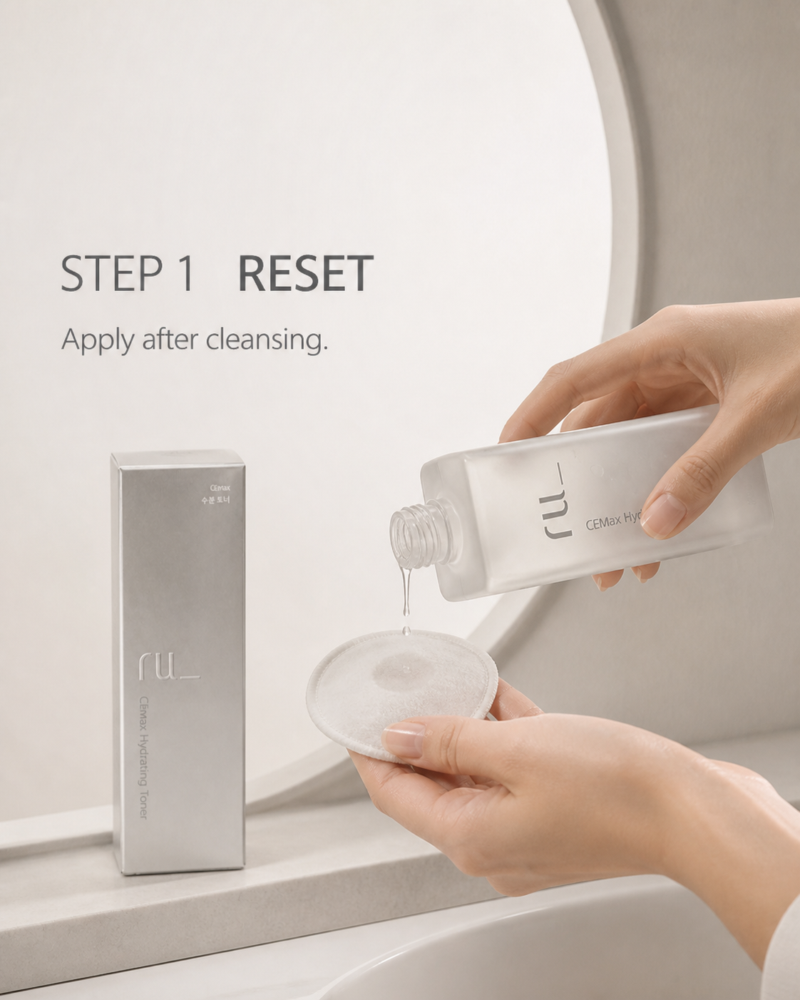 RU CEmax Hydrating Toner poured onto a cotton pad beside its box. Step 1: Reset. Apply after cleansing.