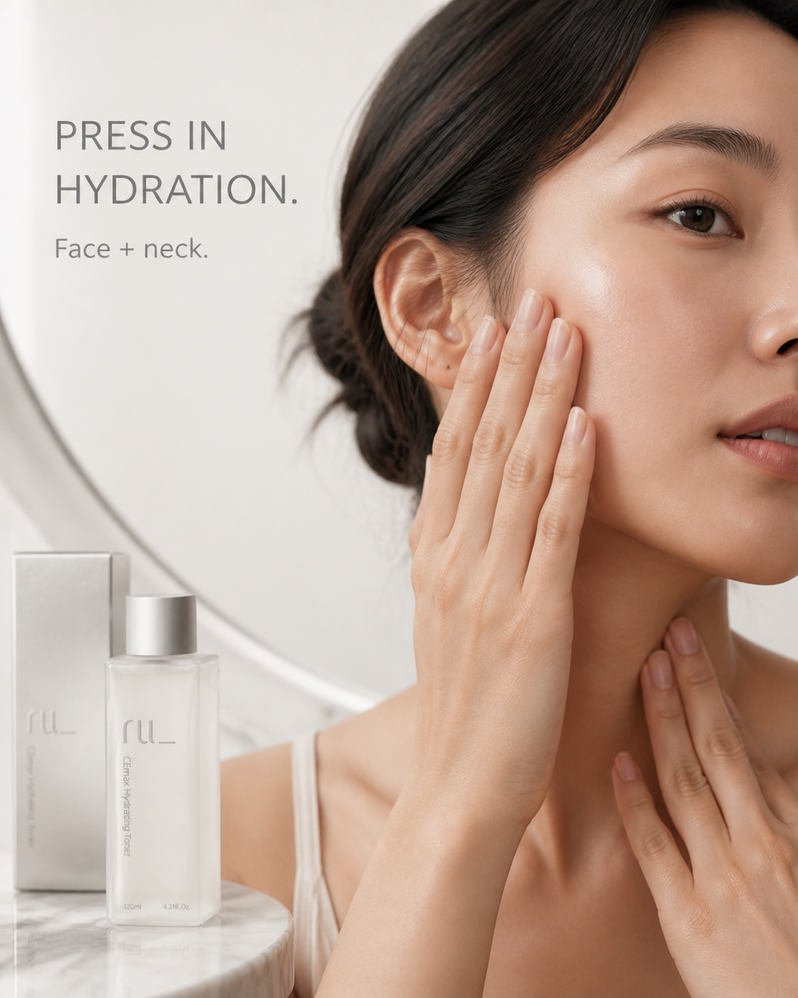 Model pressing RU CEmax Hydrating Toner into the face and neck, with the bottle and box alongside. Press in hydration.