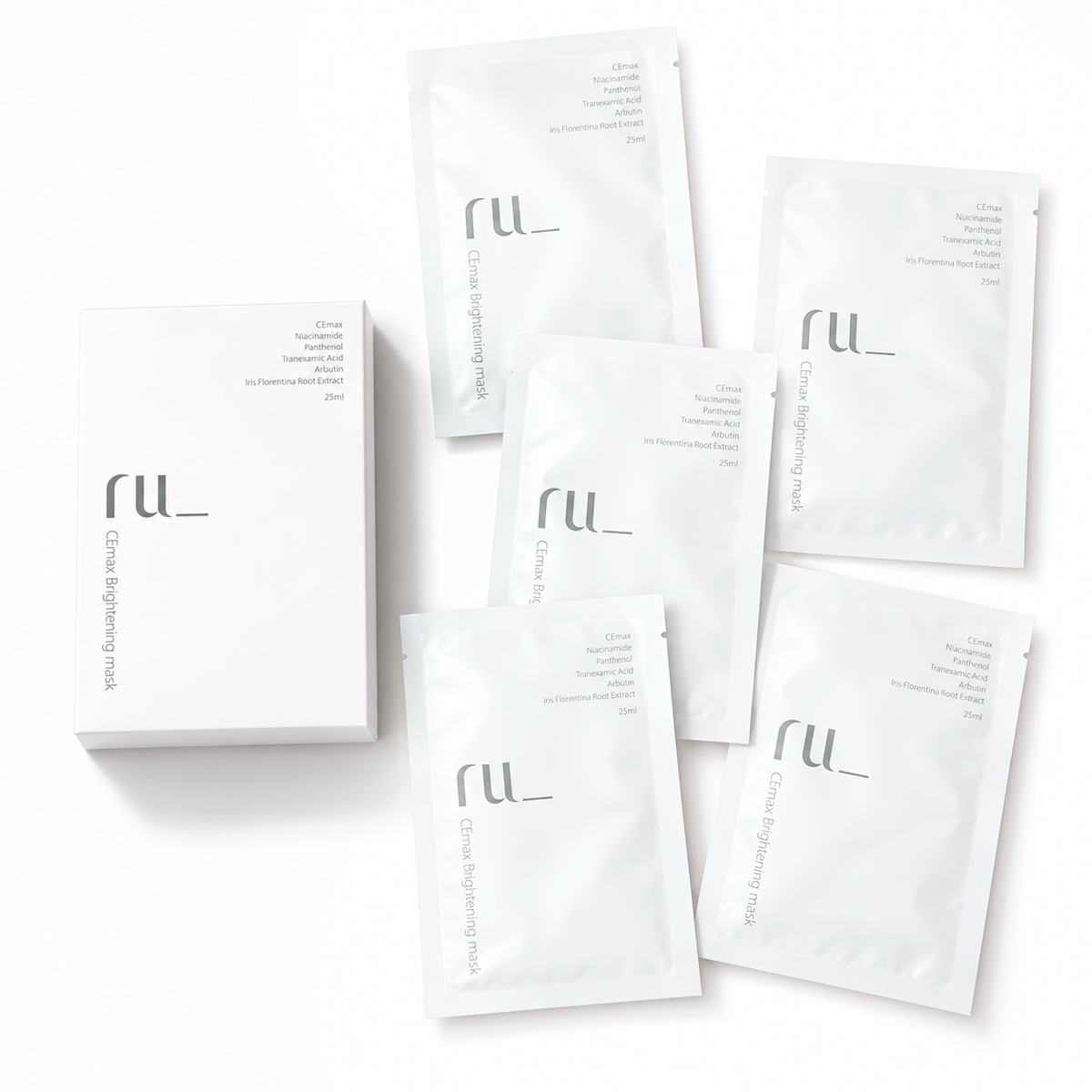 RU CEmax sheet mask 5-pack with a white box and five individually wrapped 25 ml sachets.